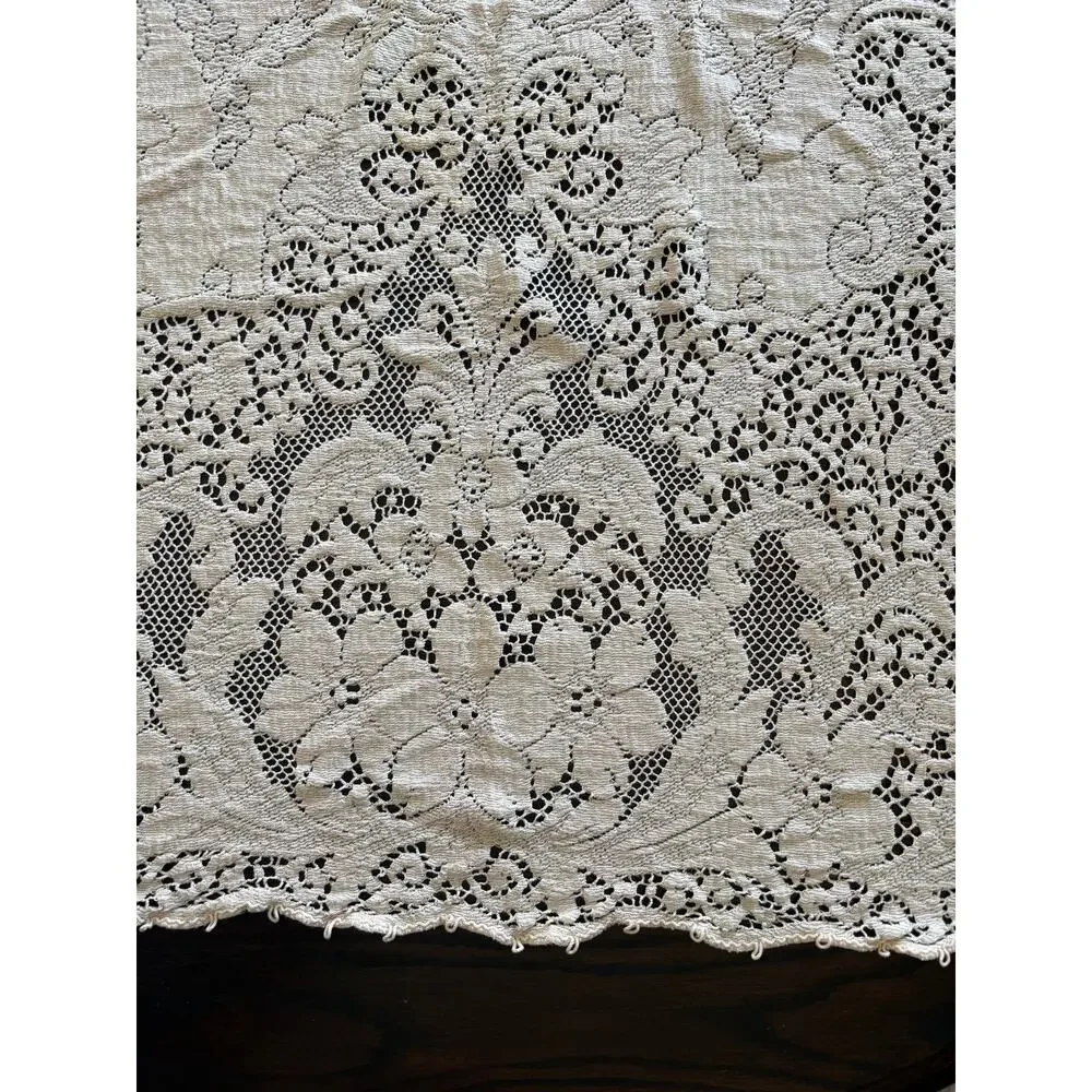 Vintage Ivory Lace Tablecloth 77”x50” Floral Medallion Picot Edge Rectangle